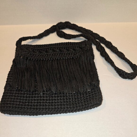 Macreme Crossbody Purse Black 9" with Wood Bead Closure - Picture 1 of 6